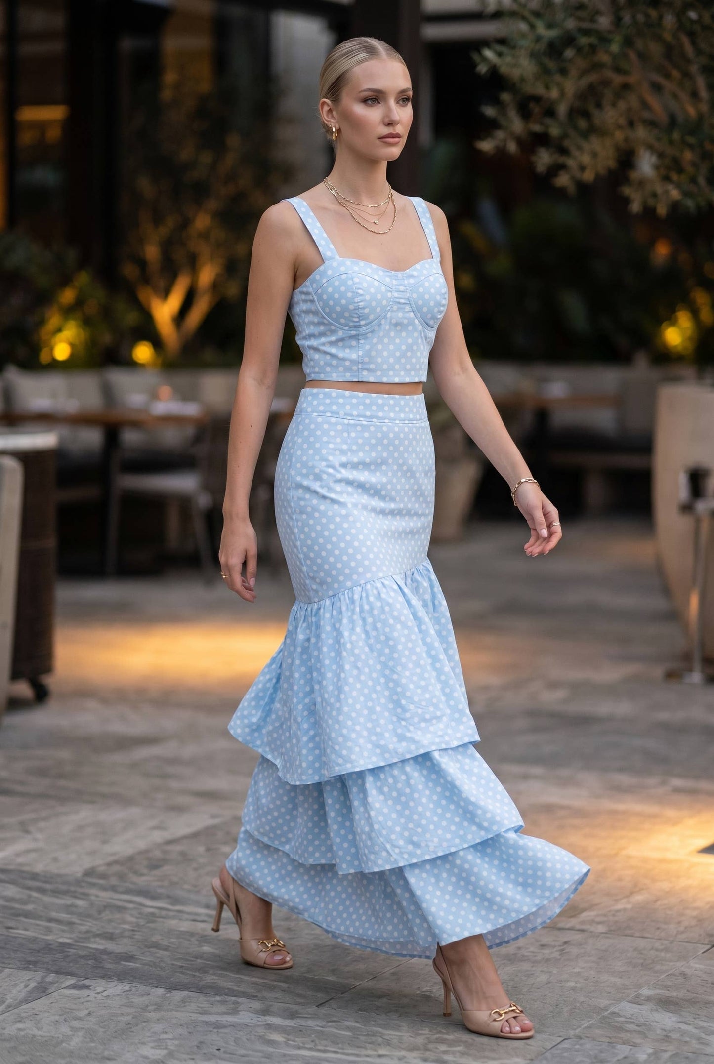 Dot Printed Crop Top & Tiered Maxi Skirt Set
