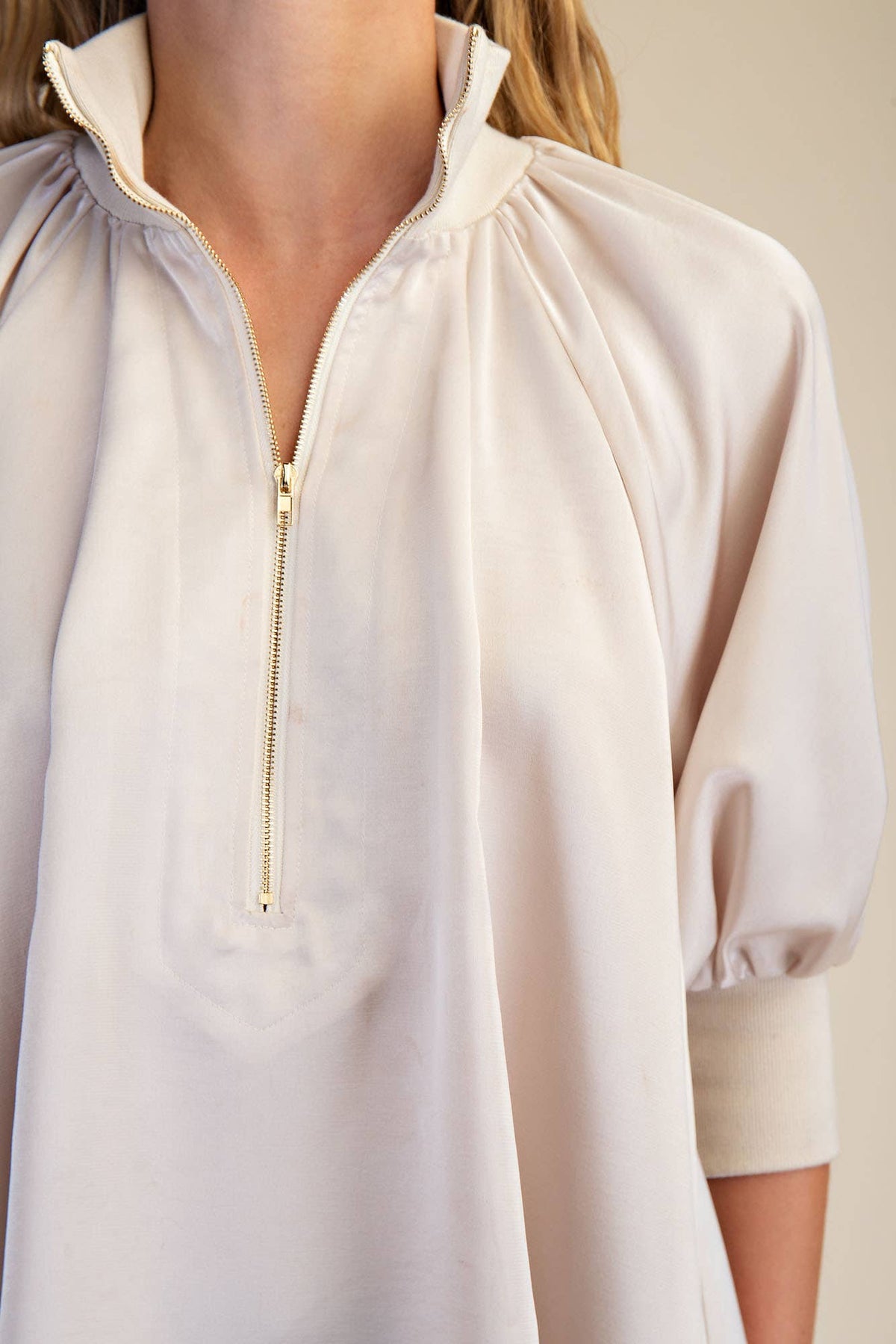 Mock Neck Band Half Zip Puff Elbow Sleeve Blouse