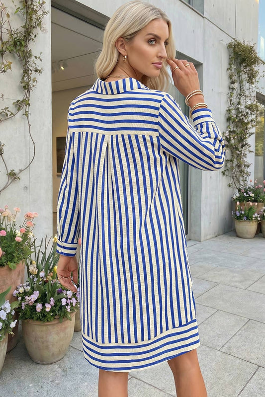 Stripe Collared Half Button Side Pockets Mini Dress (S-XL)