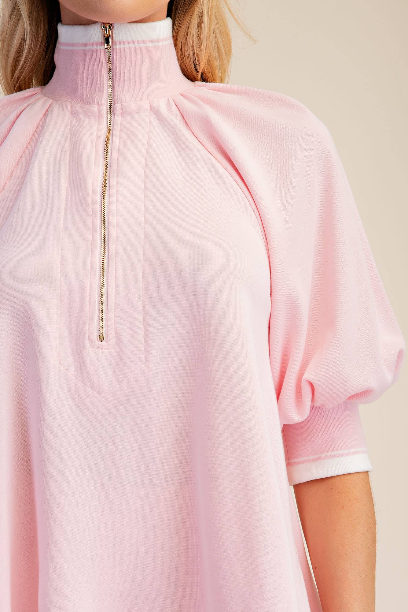Mock Neck Half Zip Band Puff Sleeve Sweatshirt