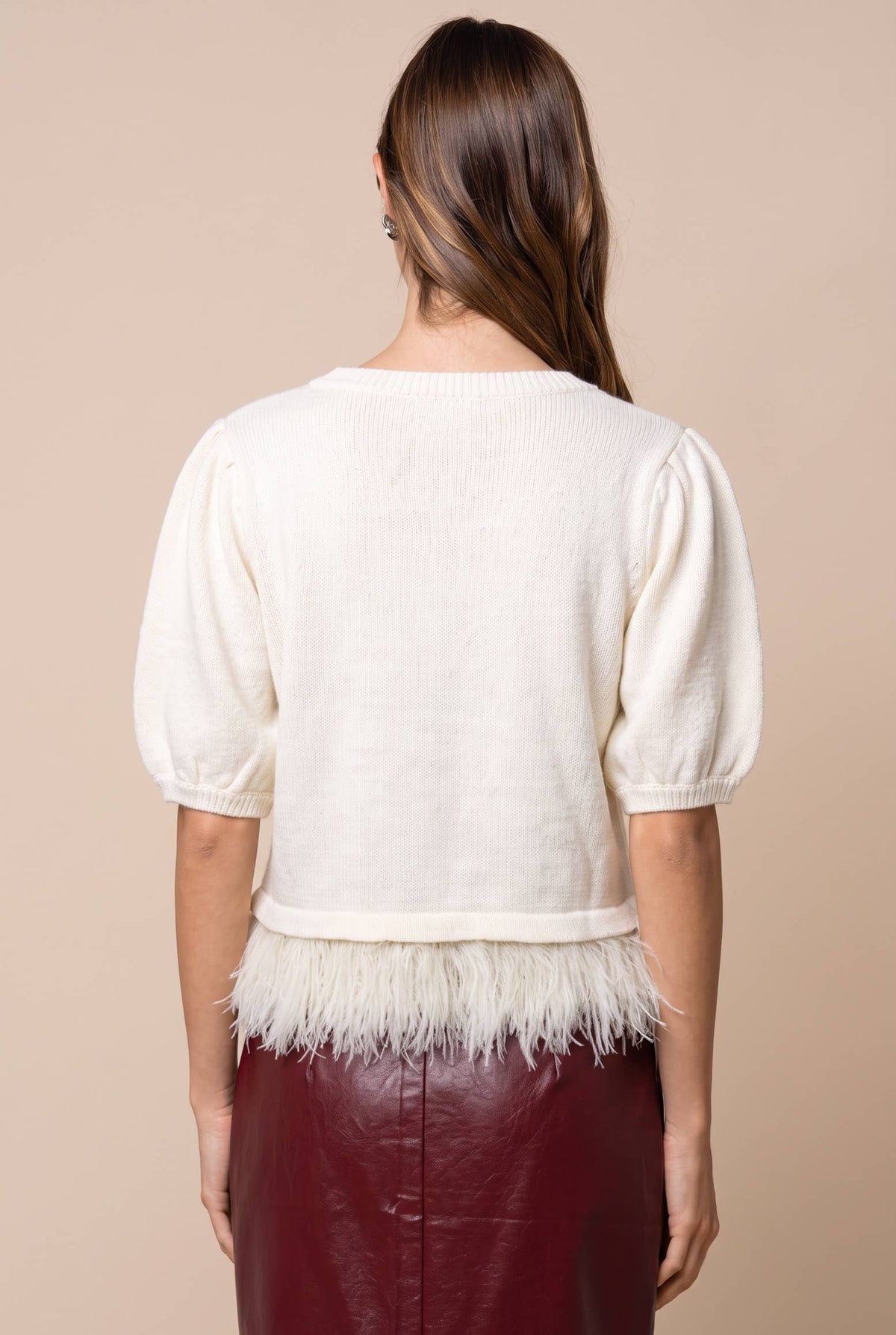 Short Puff Sleeve Knit Top With Feather Trim