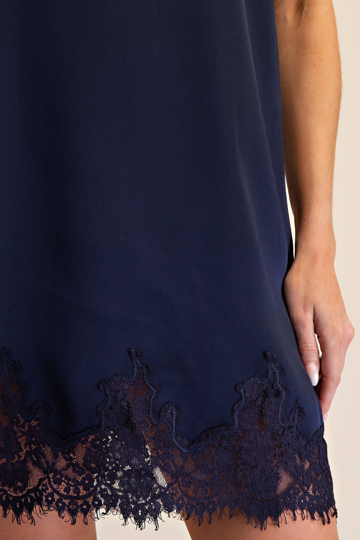 Round Neck Sleeveless Lace Detail Satin Shift Dress