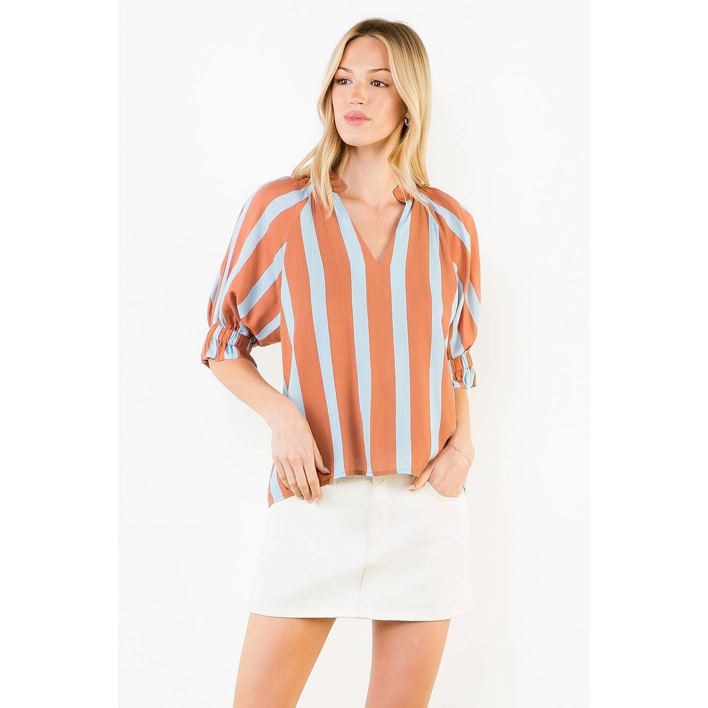 Short Sleeve Striped V-Neck Top