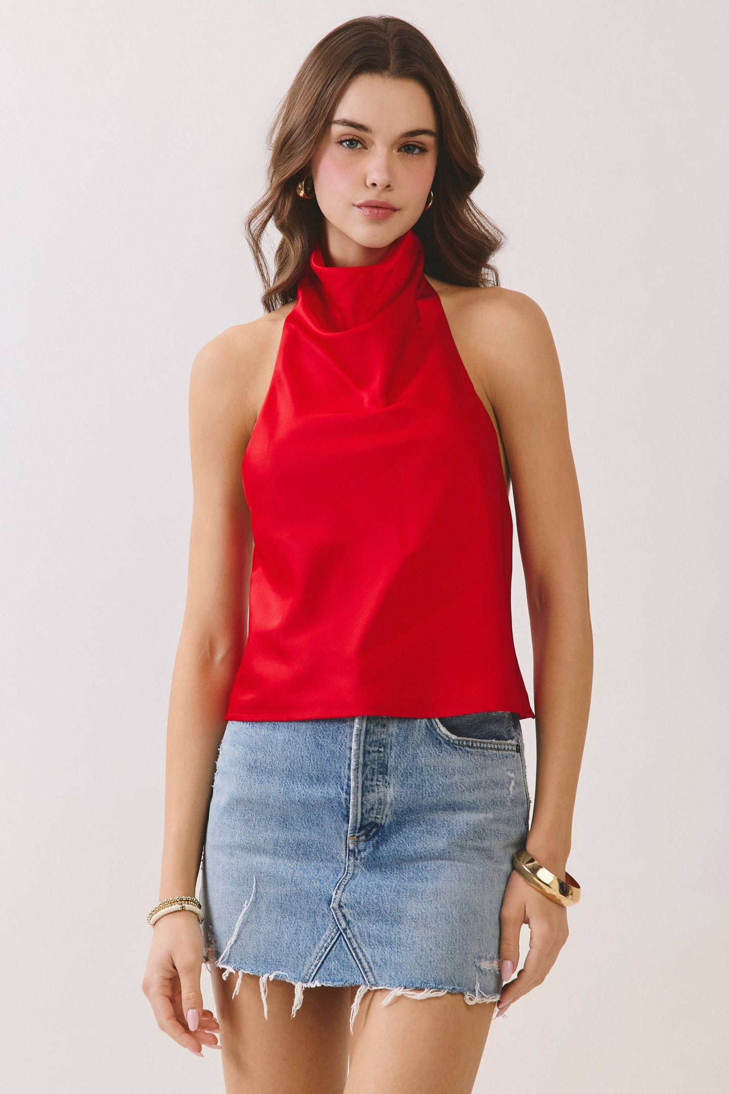 CT9929-Satin Halter Neck Open Back Top
