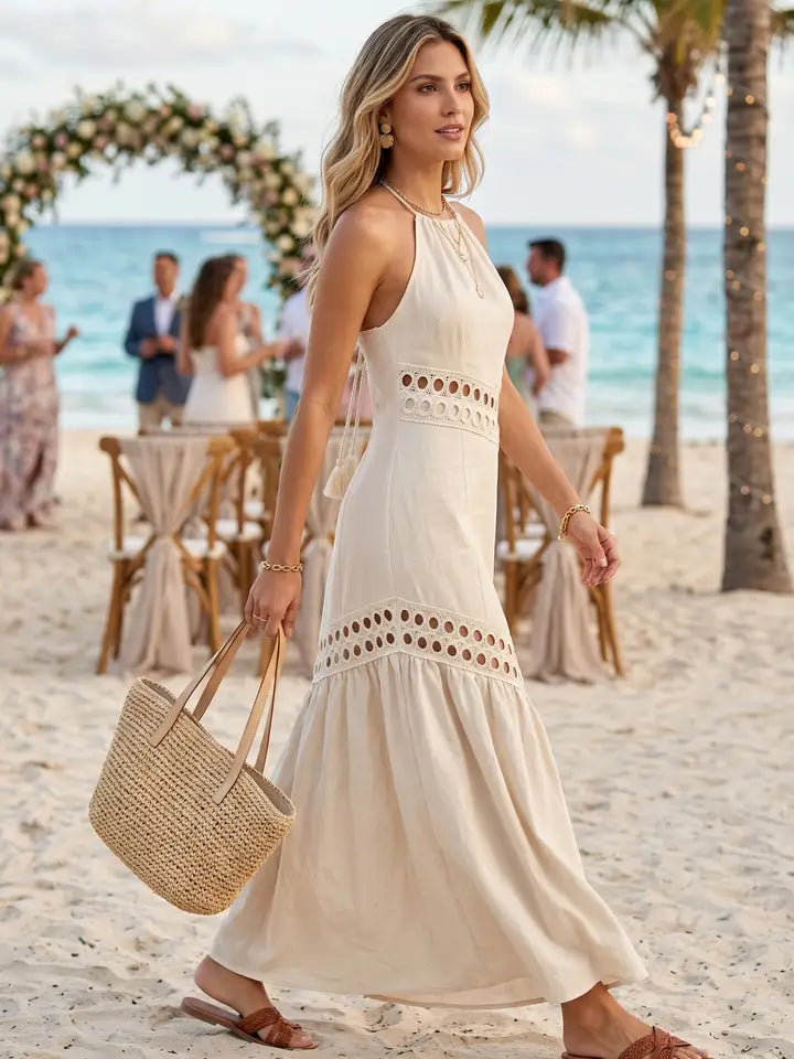 Cutwork Lace Trimmed Maxi Dress with Halter Neckline