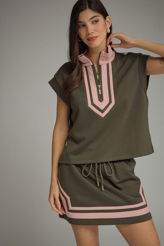 Solid Cap Sleeve Top Featuring Contrast Trim Detail At Front