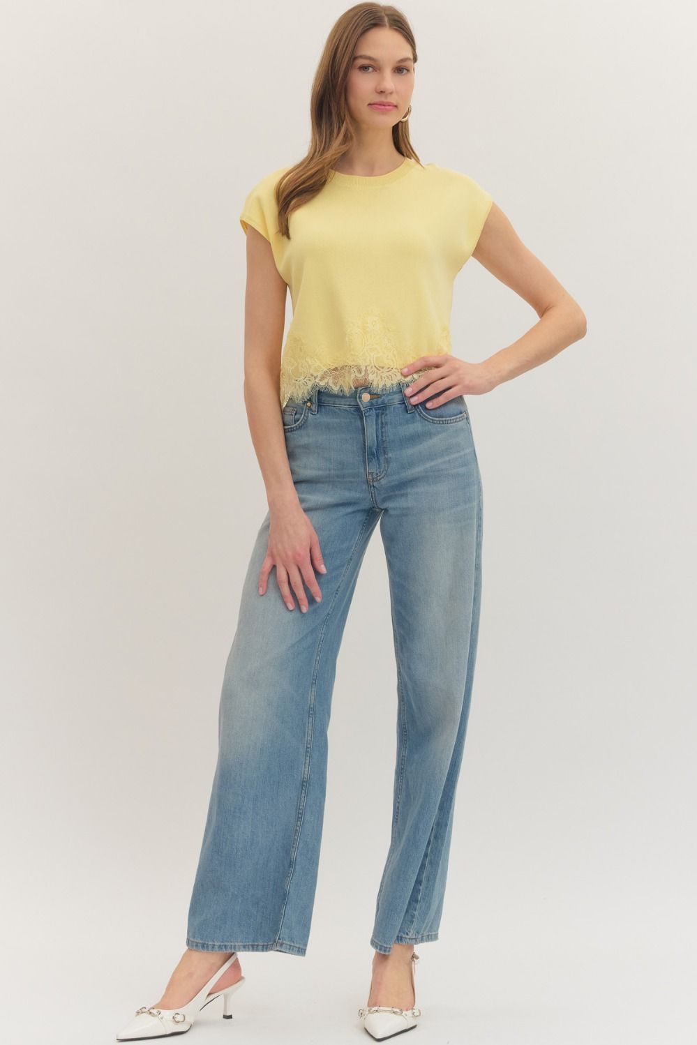 Knit Top with cap sleeves and lace trim hem in lemon
