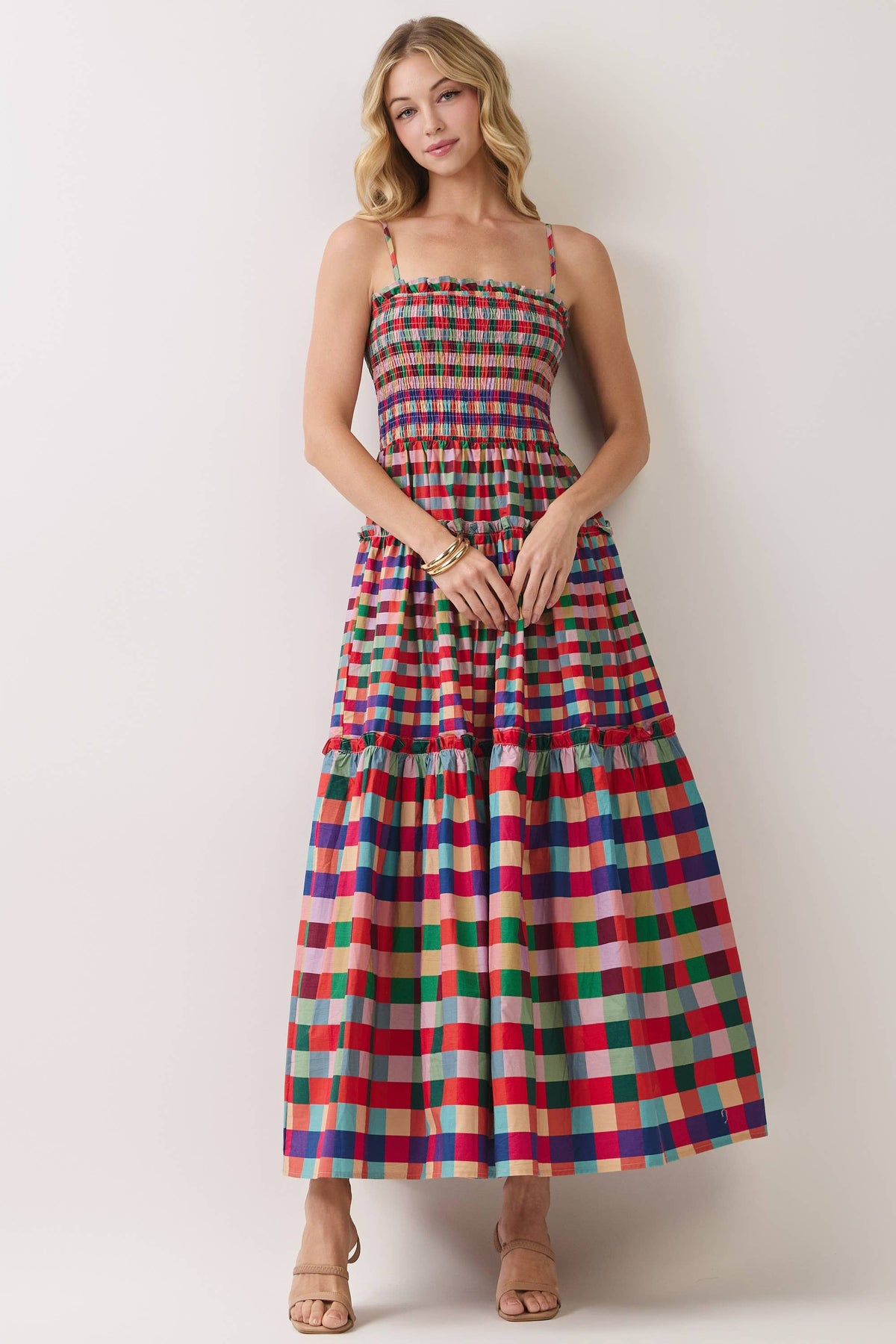 Smocked Bodice Plaid Tiered Maxi Dress