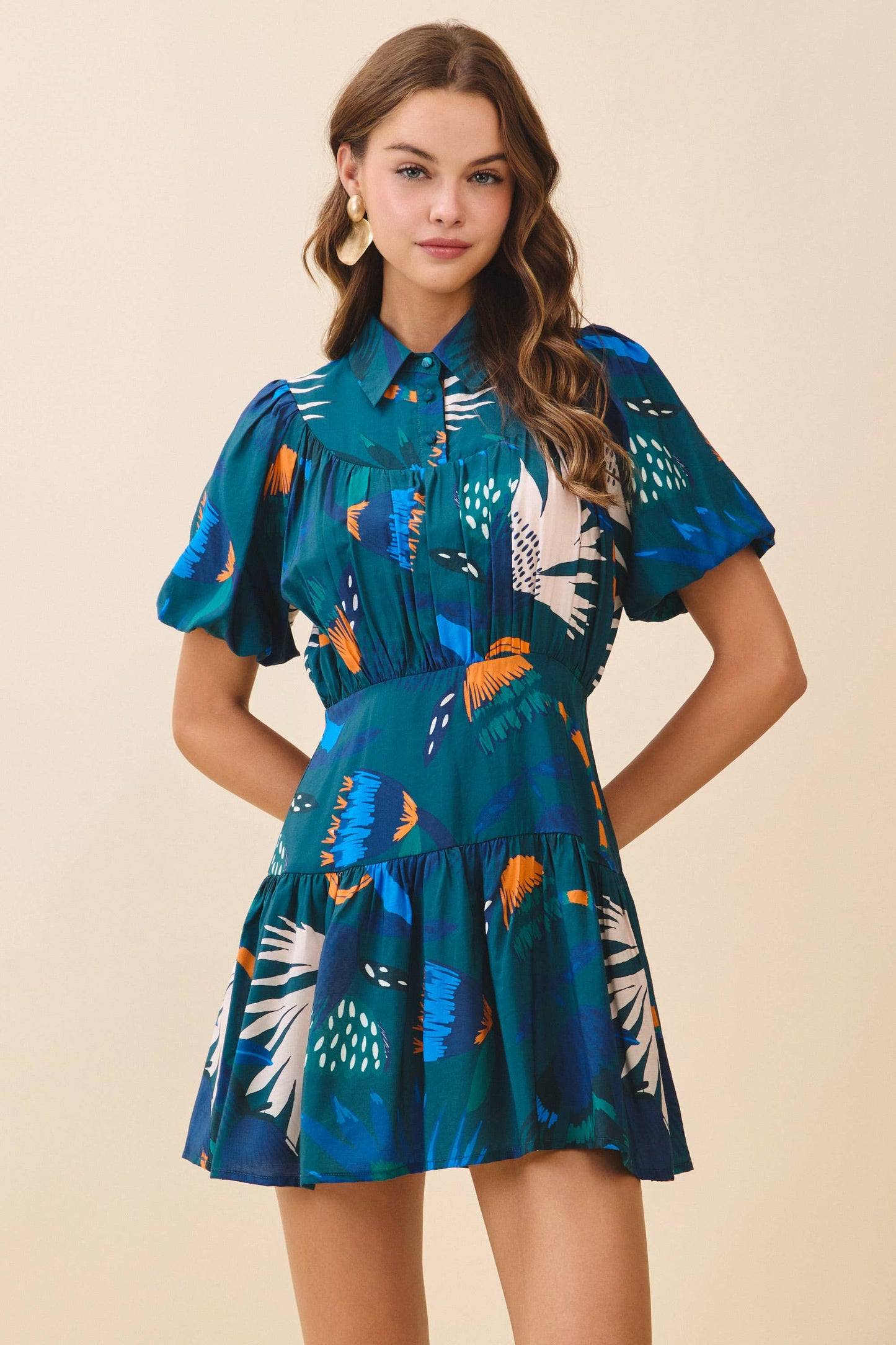 Abstract Print Fit and Flare Mini Shirt Dress