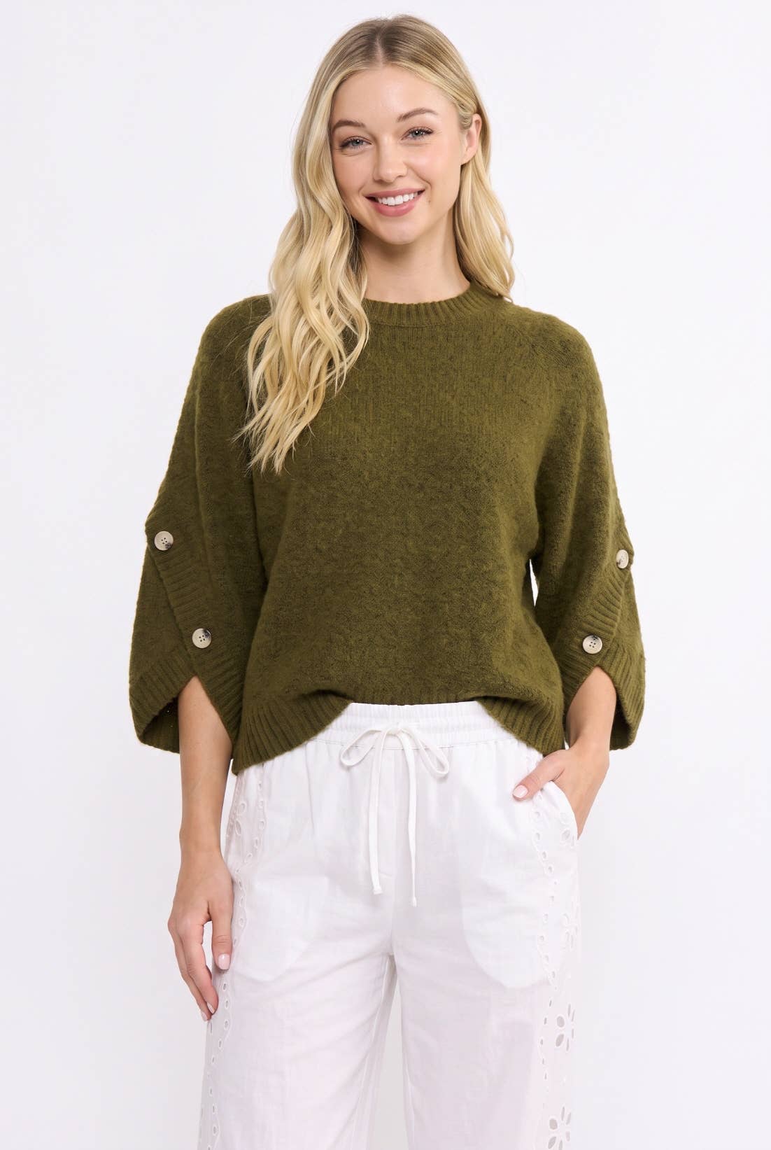 BUTTON SLEEVE KNIT PULLOVER