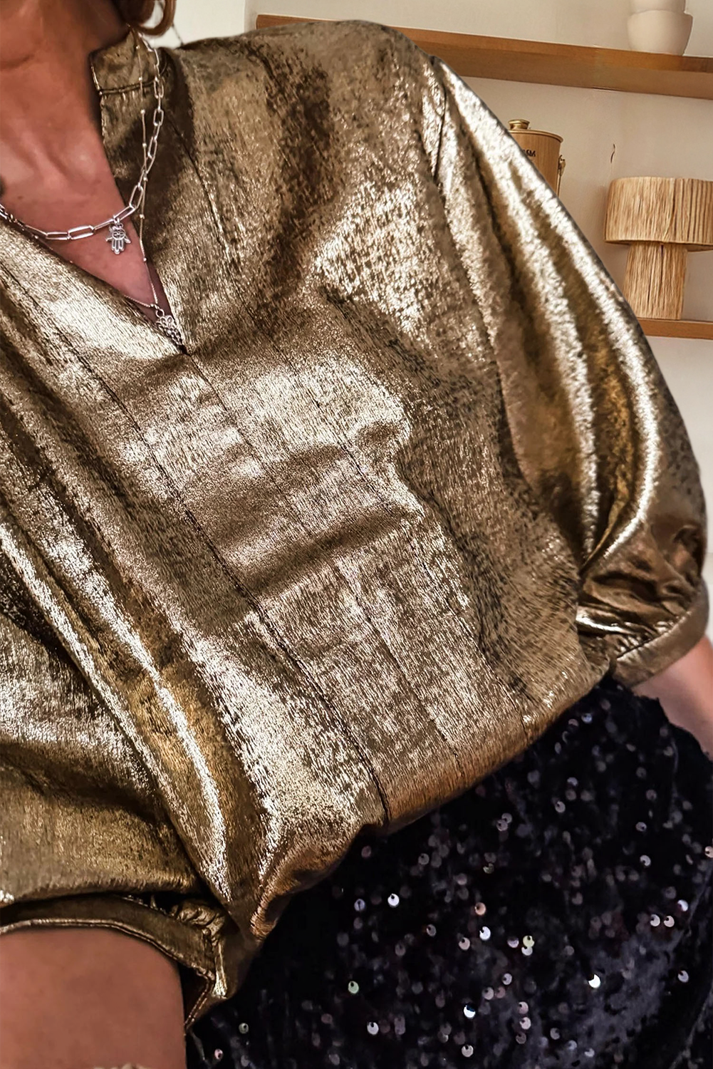 Metallic Split Neck Half Sleeve Blouse (S-XL)