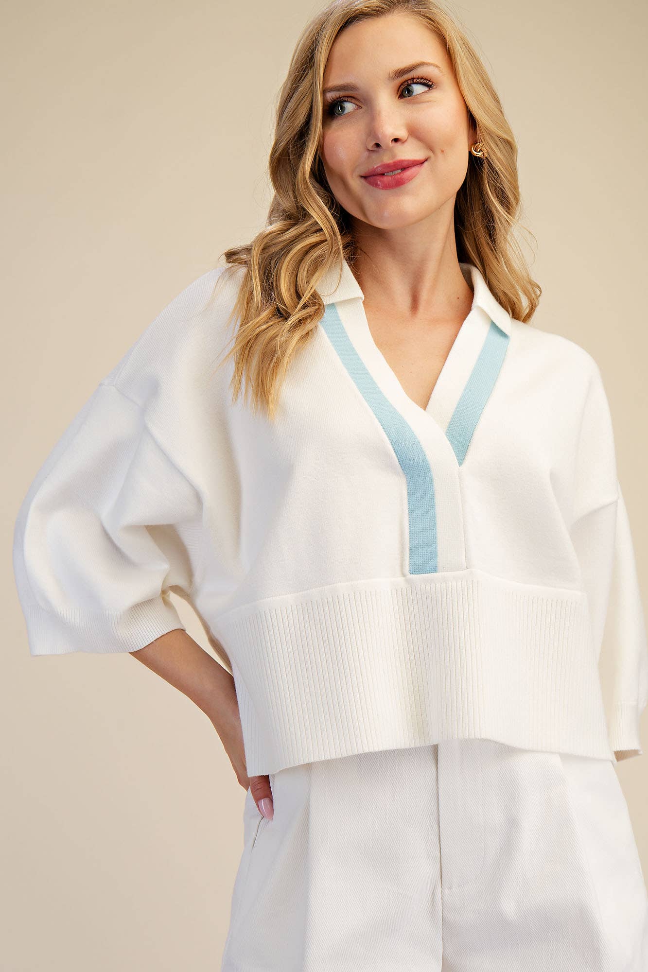 Collar With Contrast Trim Loose Fit Dropped Shoulder Sweater