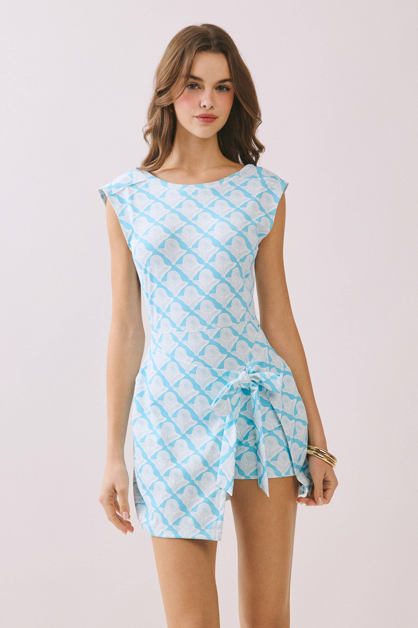 CD06463-Print Warp Front Side Tie Detail Mini Dress