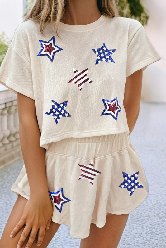 LDC Sequin Patriotic Star Cropped Tee Skort 2pcs Set