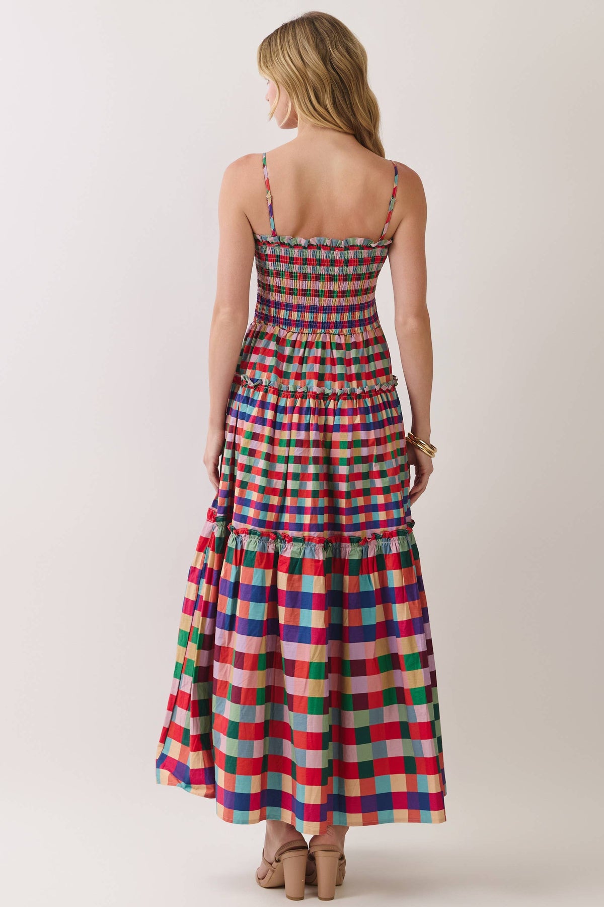 Smocked Bodice Plaid Tiered Maxi Dress