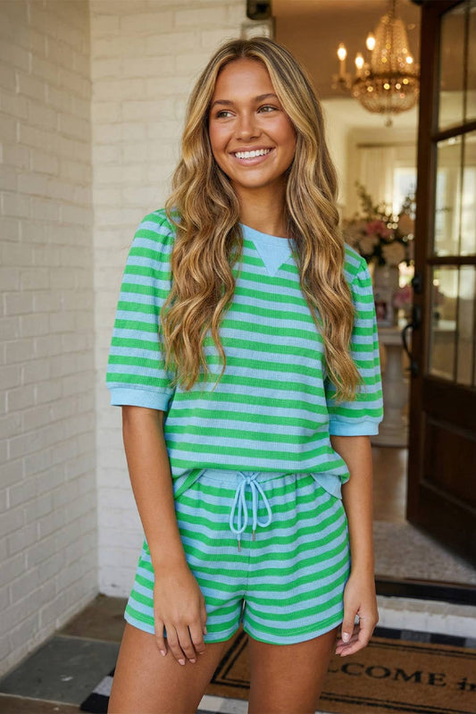 LAS Stripe Puff Sleeve T Shirt Matching Shorts Set (S-4X)