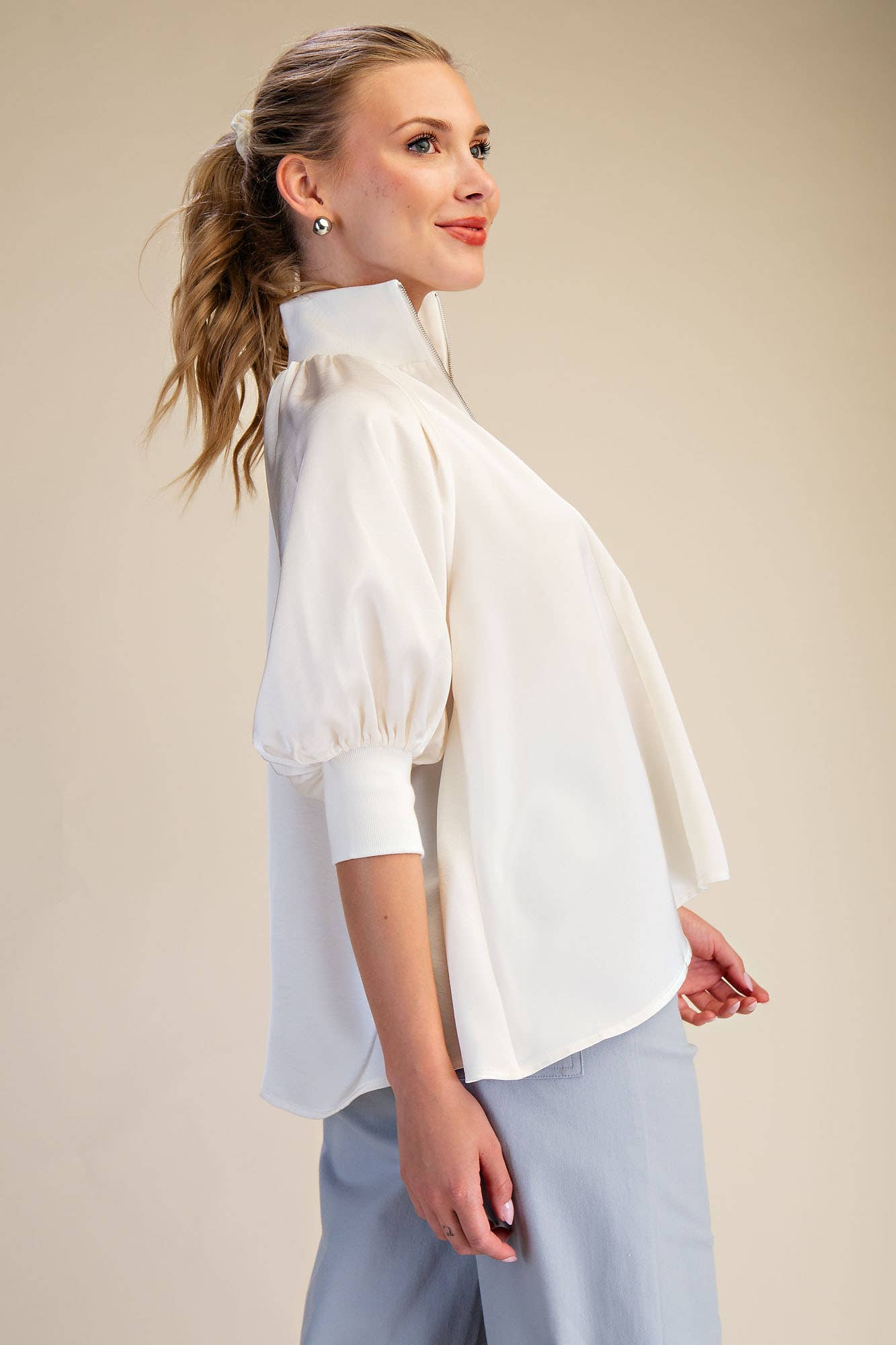 Mock Neck Band Puff Sleeve Elegance Blouse