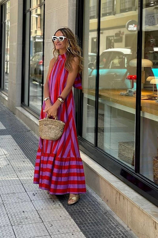 HALTER NECK OPEN BACK STRIPED PRINT MAXI DRESS