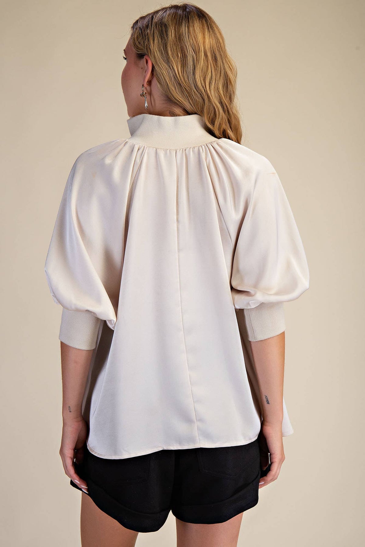 Mock Neck Band Half Zip Puff Elbow Sleeve Blouse
