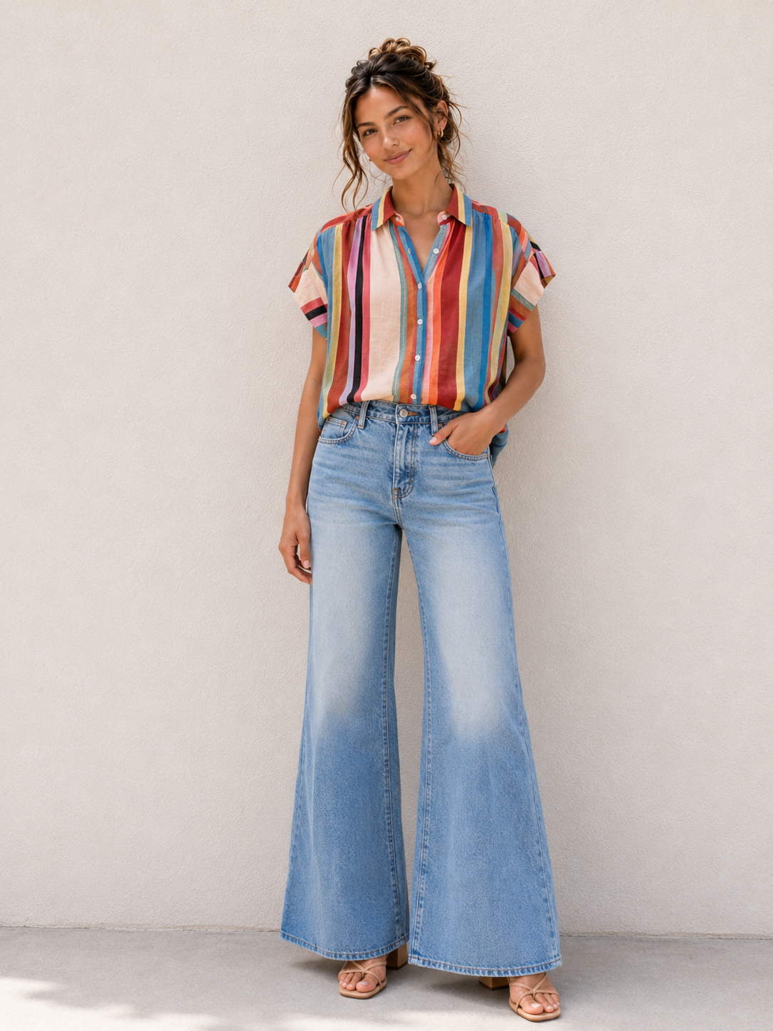 ✨ 24112918- Multi Stripe Tencel Blend Button-Up Blouse🛍️ 🌸