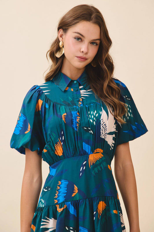 Abstract Print Fit and Flare Mini Shirt Dress