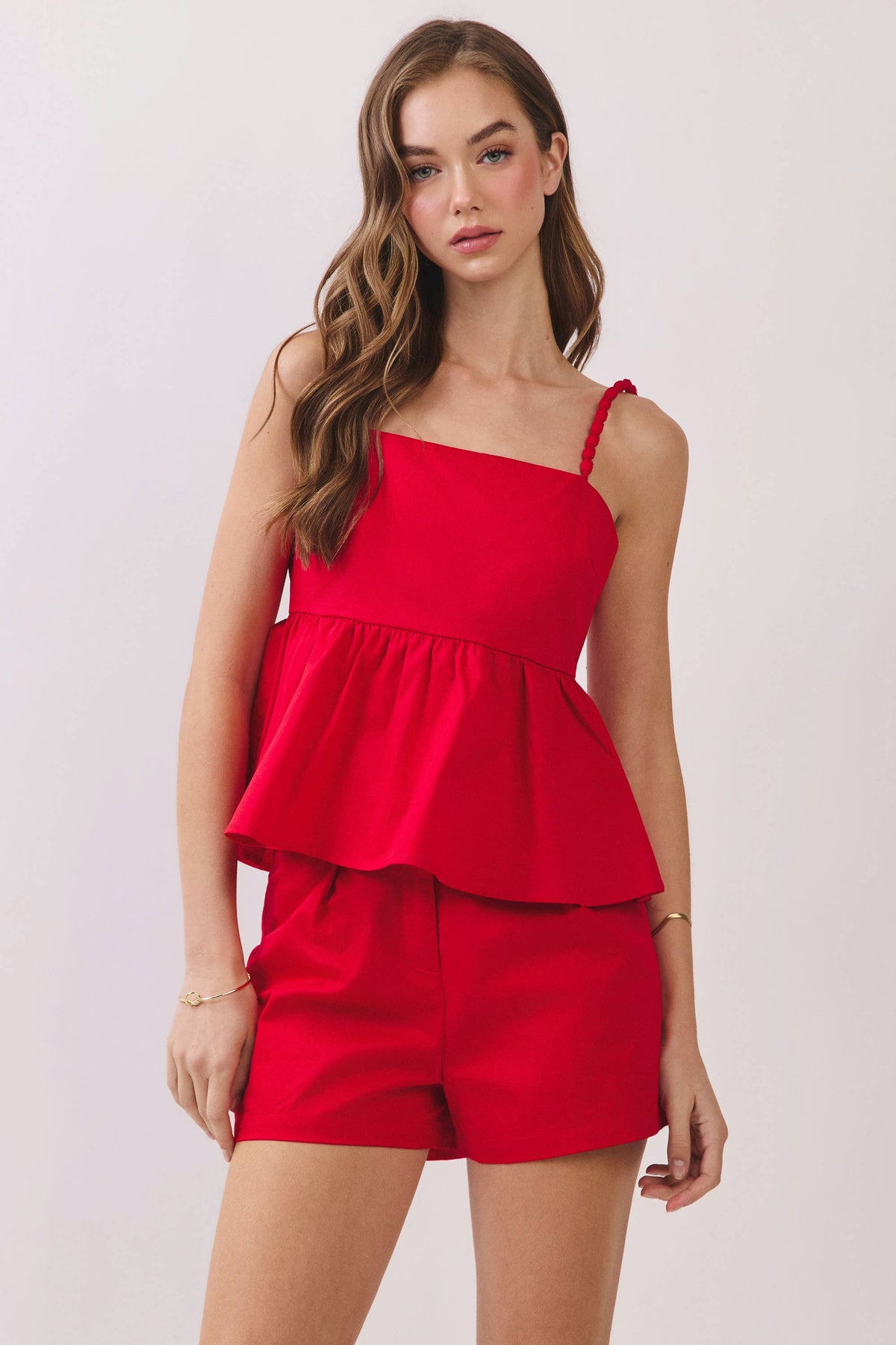CT9999-Beaded Strap Peplum Sleeveless Top