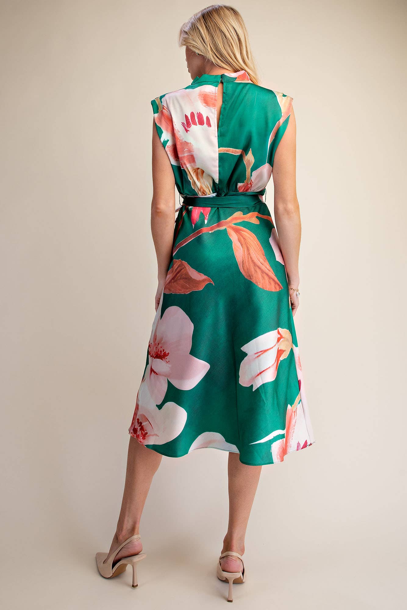 Floral Dress Cowl Neck Sleeveless Waist Tie Midi Satin