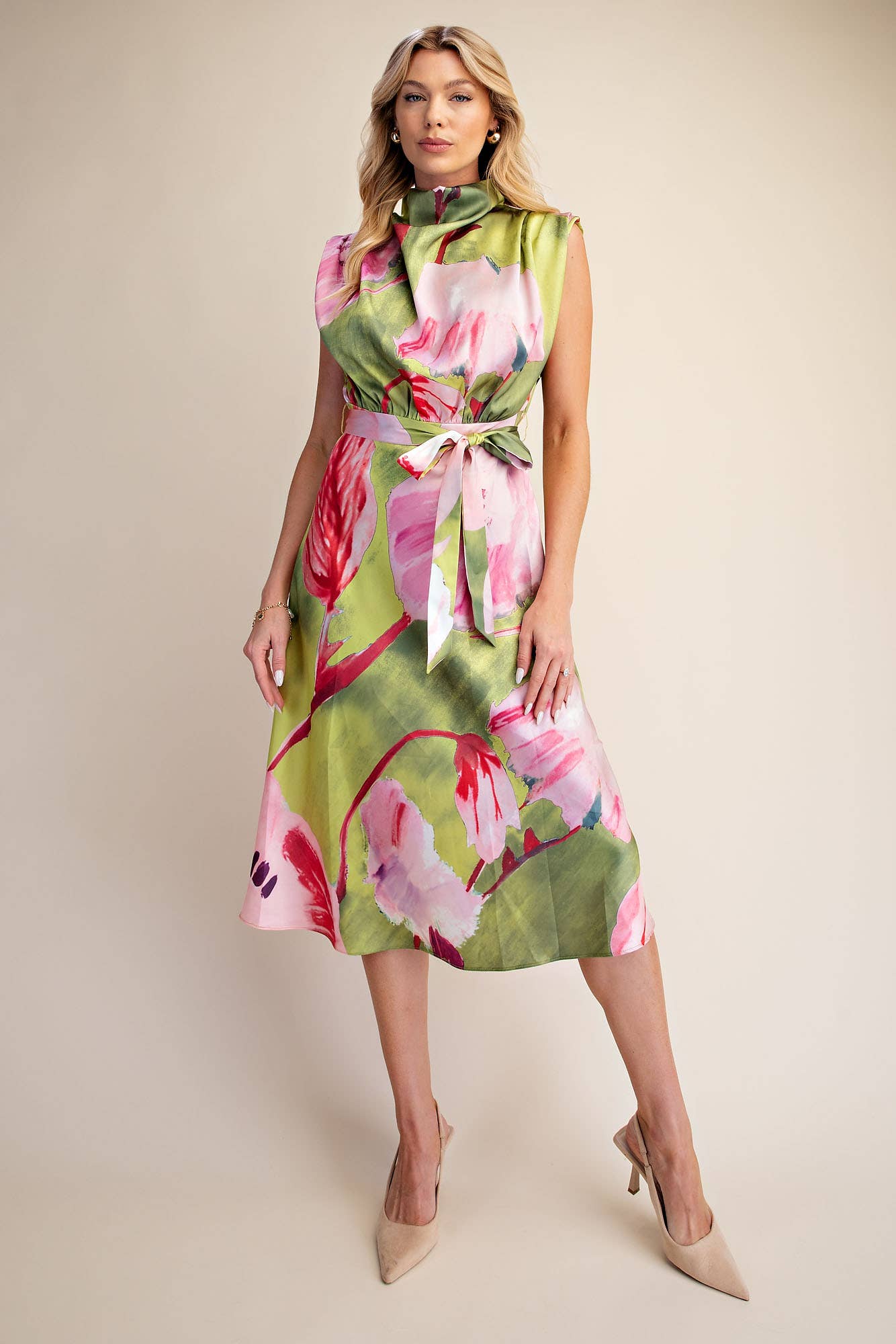 Floral Dress Cowl Neck Sleeveless Waist Tie Midi Satin