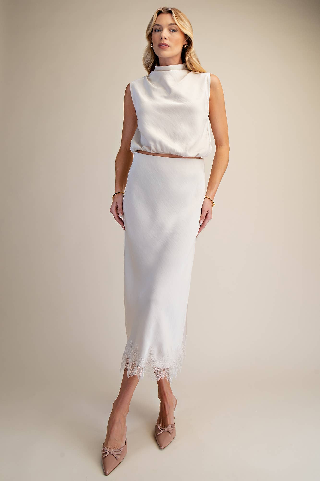 Lace Satin Effect Midi Skirt
