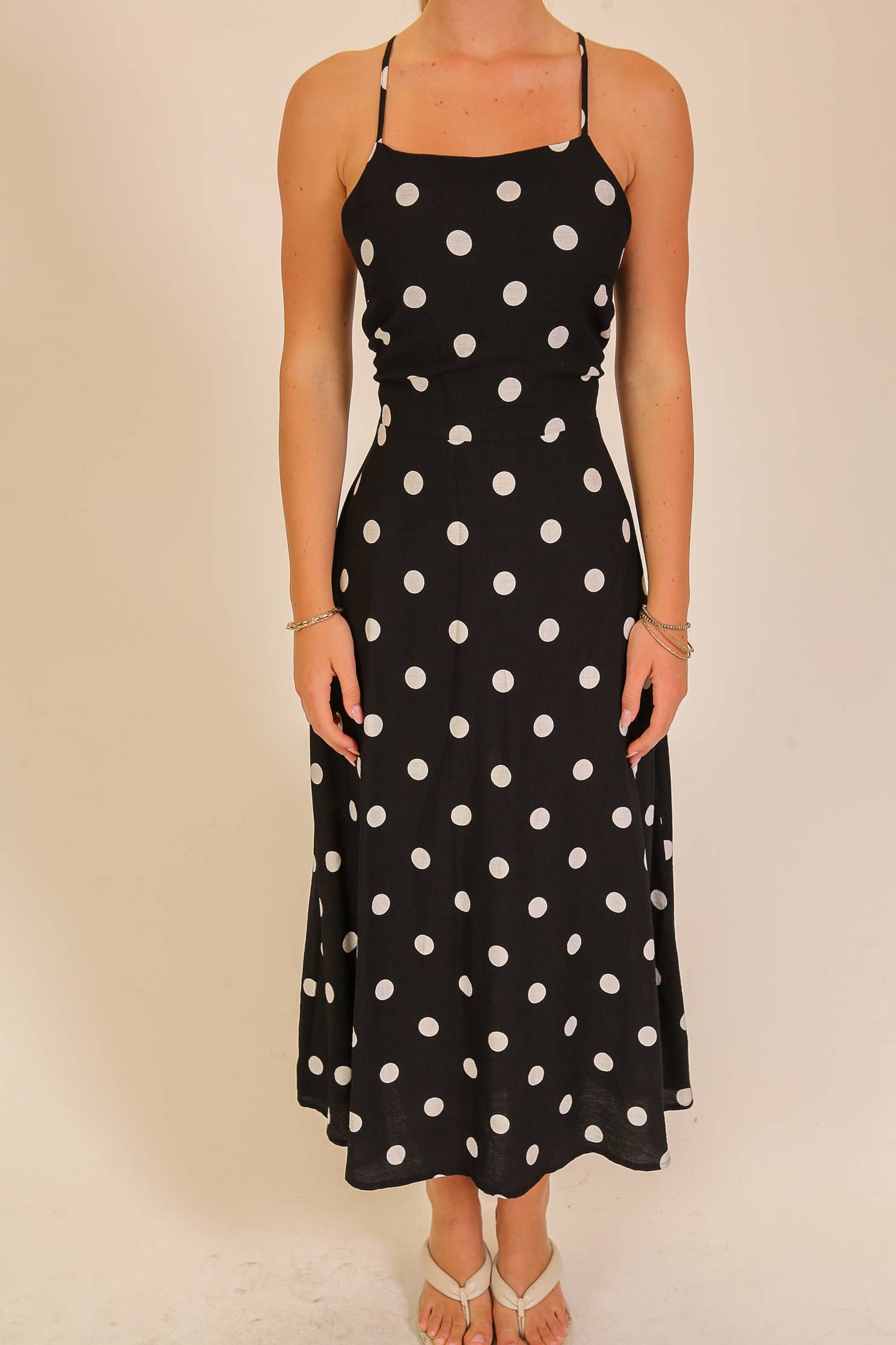Polka Dot Lace-Up Back Midi Dress