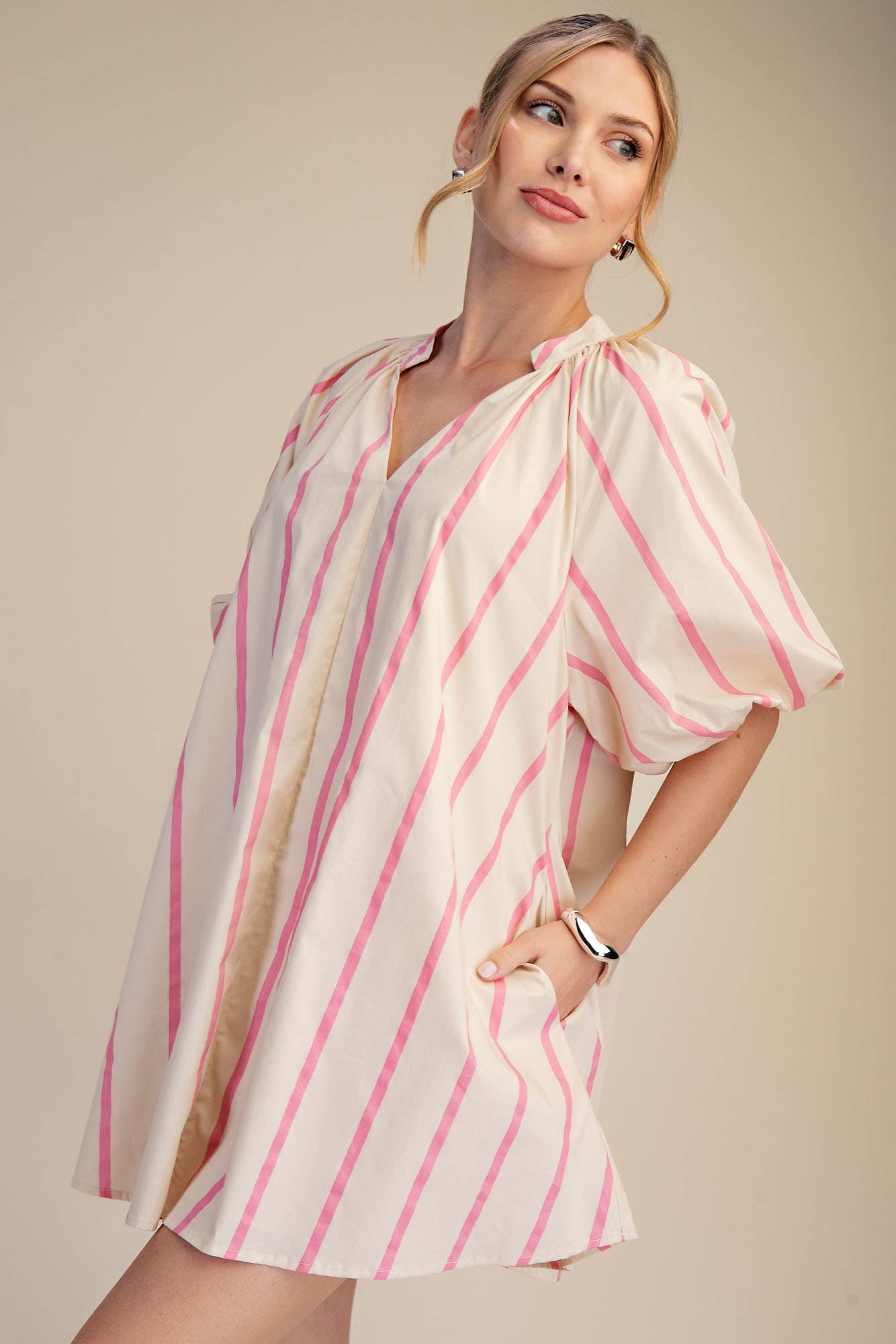 Puff-Sleeve Stripe Mini Shift Dress