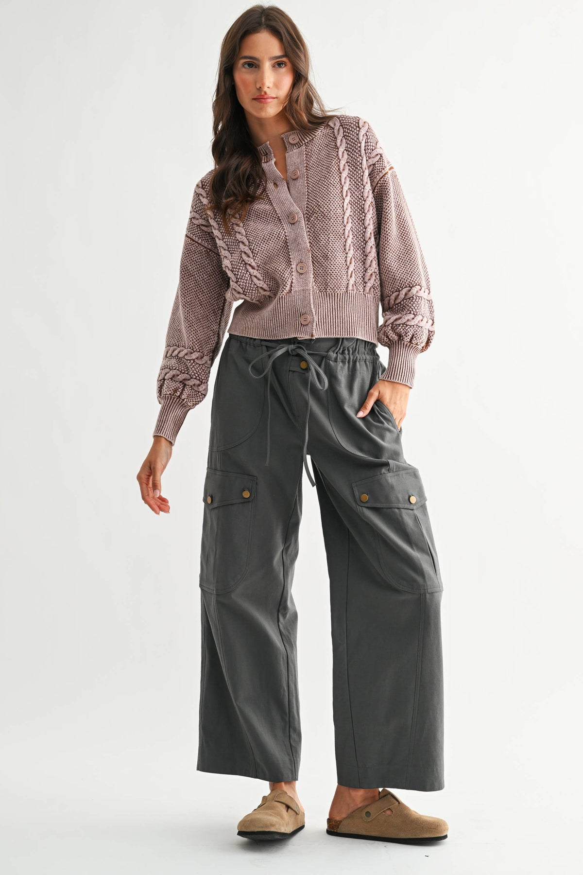 CW10019E WASHED BLENDED BROWN CABLE KNIT CARDIGAN