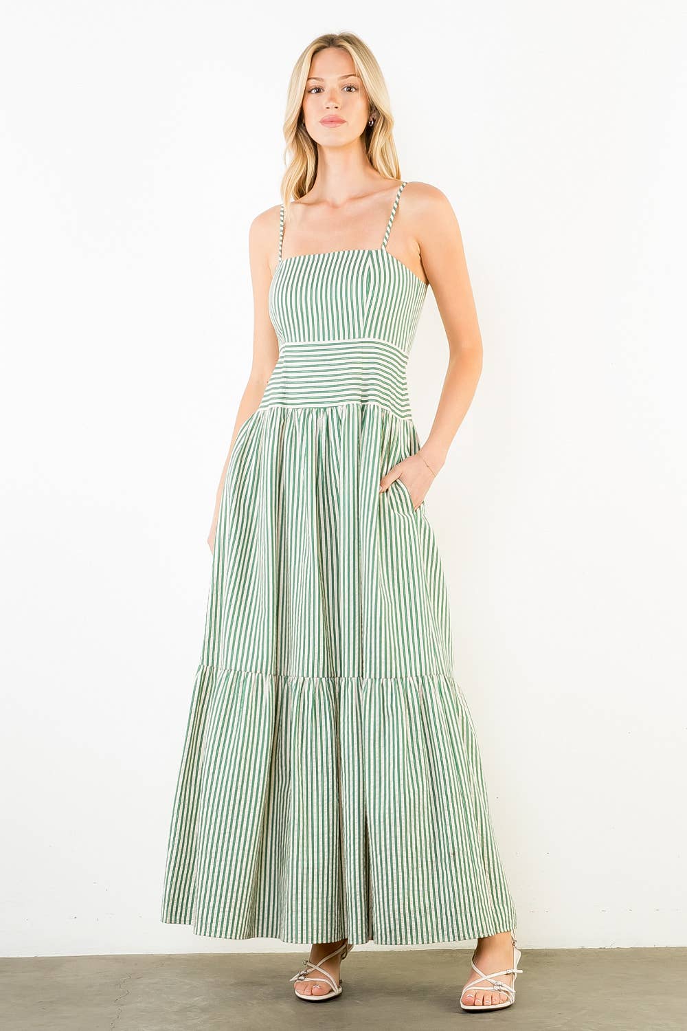 Thin Strap Striped Textured Tiered Dress