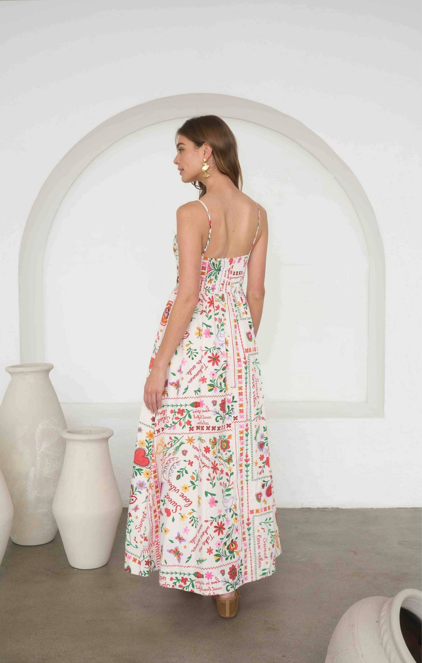 MULTI-COLOR SUMMER PRINT SPAGHETTI MIDI DRESS