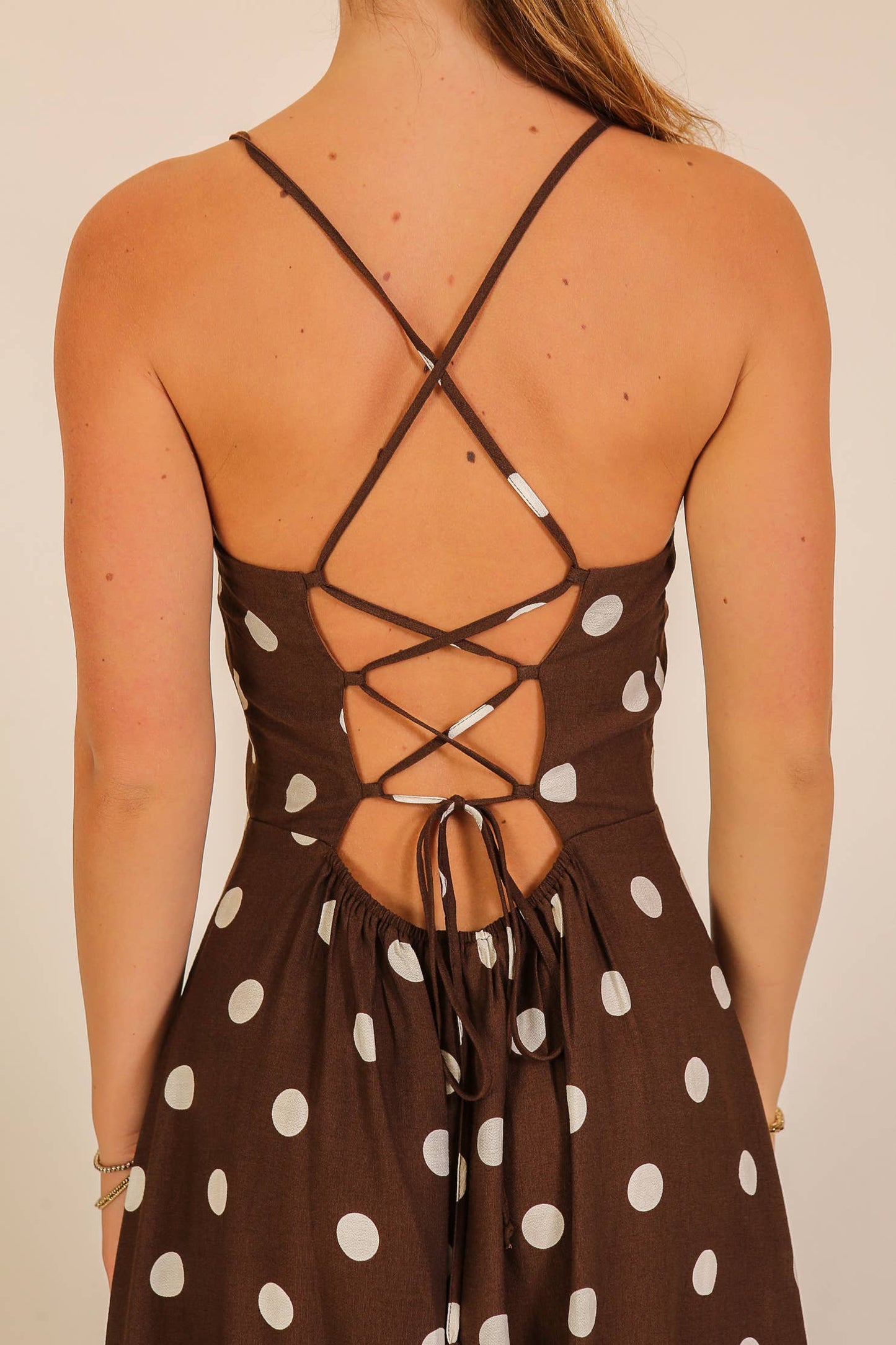 Polka Dot Lace-Up Back Midi Dress