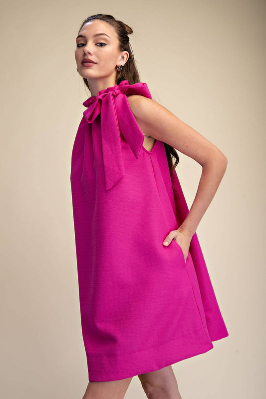 Tie Round Ruffle Neck Sleeveless Mini Dress
