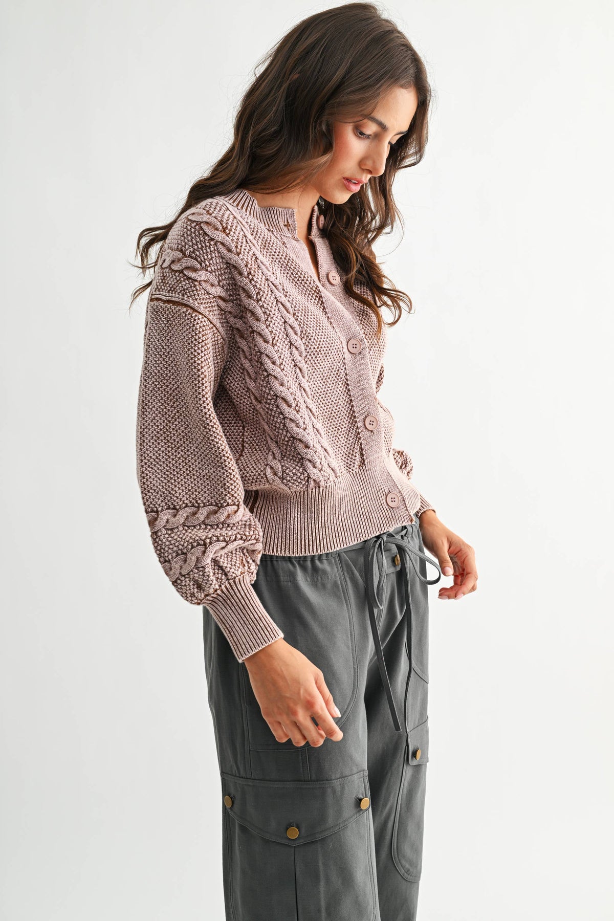 CW10019E WASHED BLENDED BROWN CABLE KNIT CARDIGAN