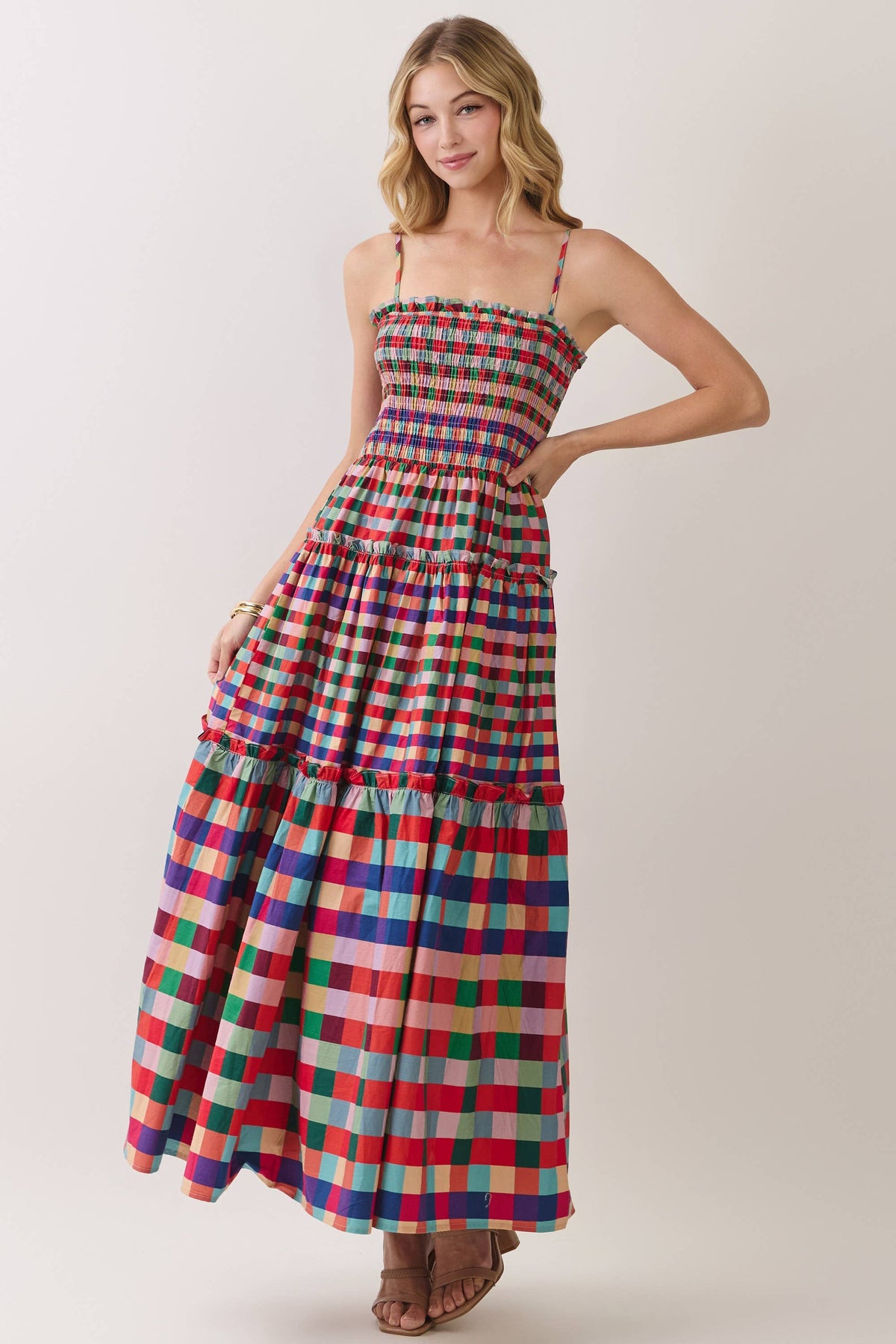Smocked Bodice Plaid Tiered Maxi Dress
