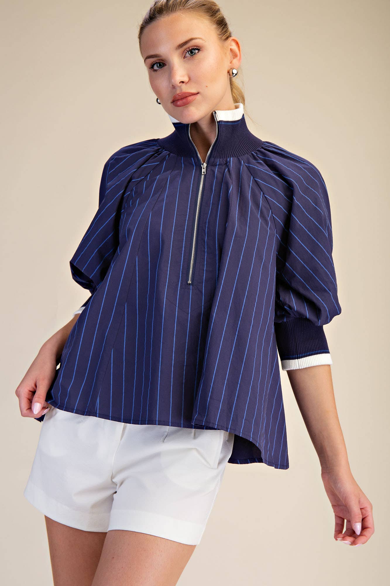 Mock Neck Band Puff Sleeve Blouse