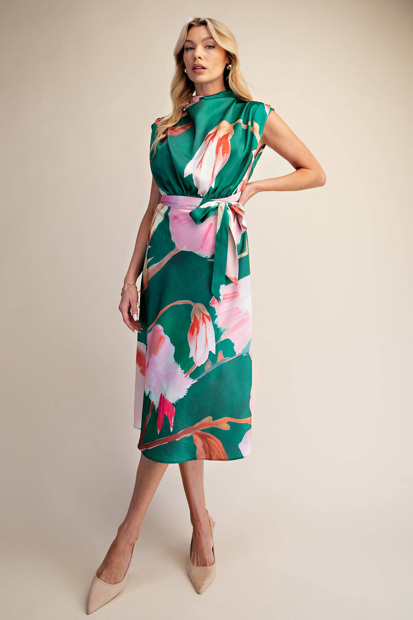Floral Dress Cowl Neck Sleeveless Waist Tie Midi Satin