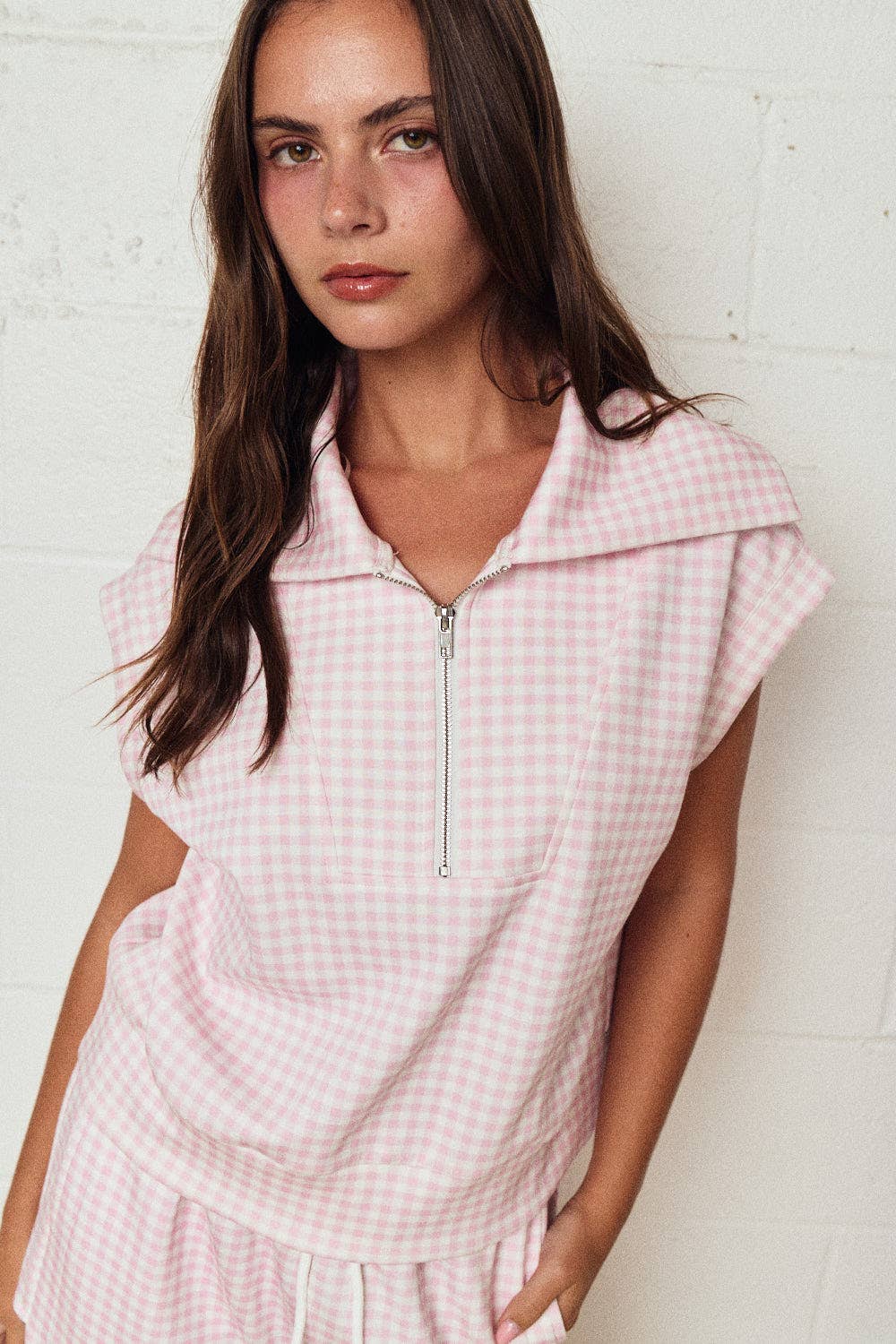 PX17846-3 - Gingham Zip Up Top Short Set
