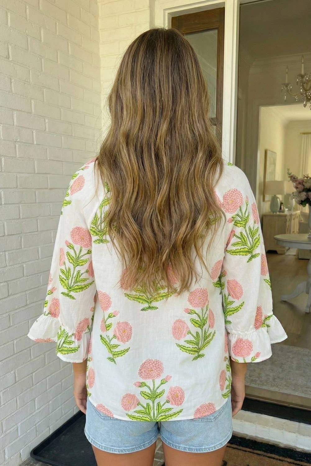 LAS Wild Flower Print V Neck 3/4 Sleeve Blouse (S-XL)