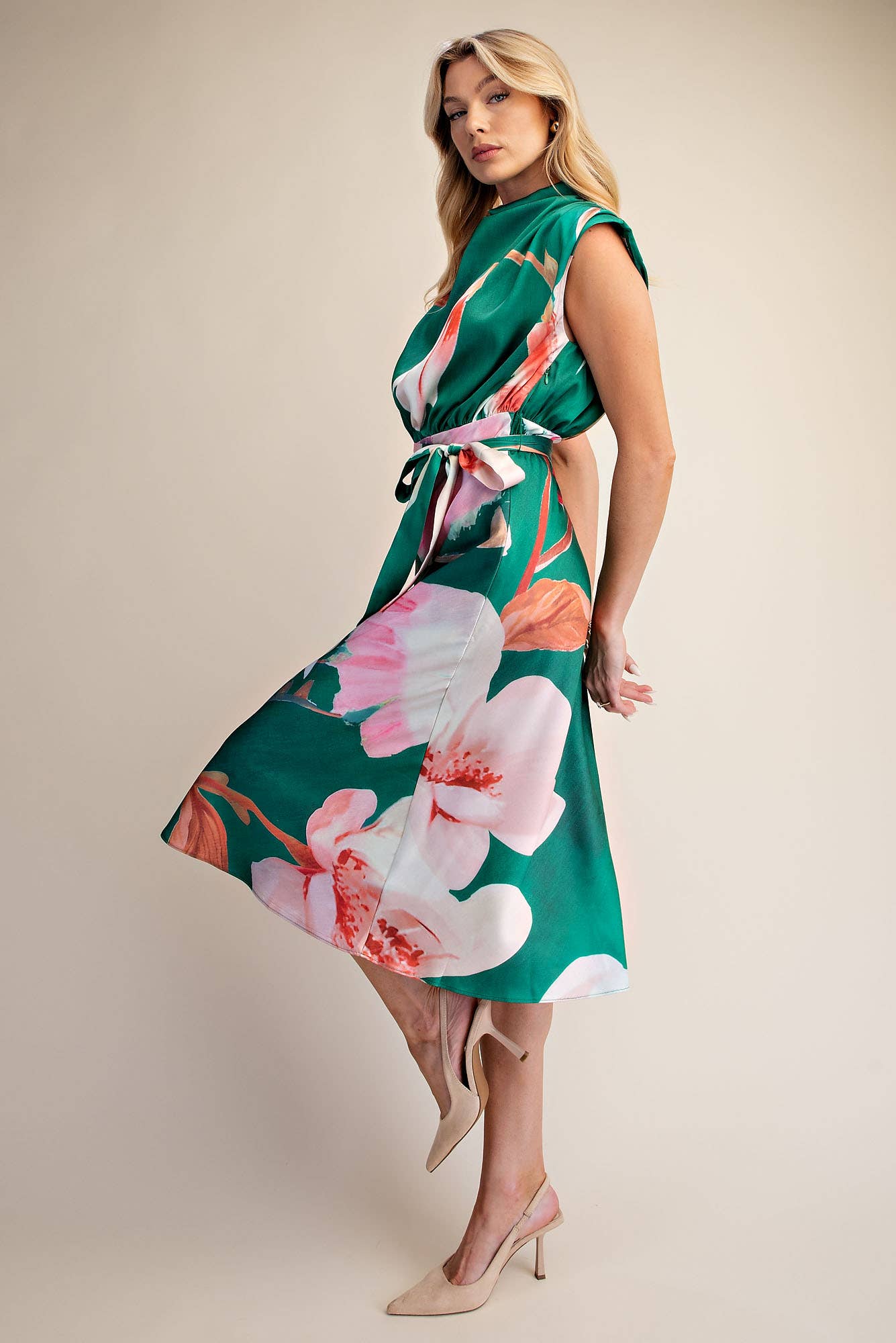 Floral Dress Cowl Neck Sleeveless Waist Tie Midi Satin
