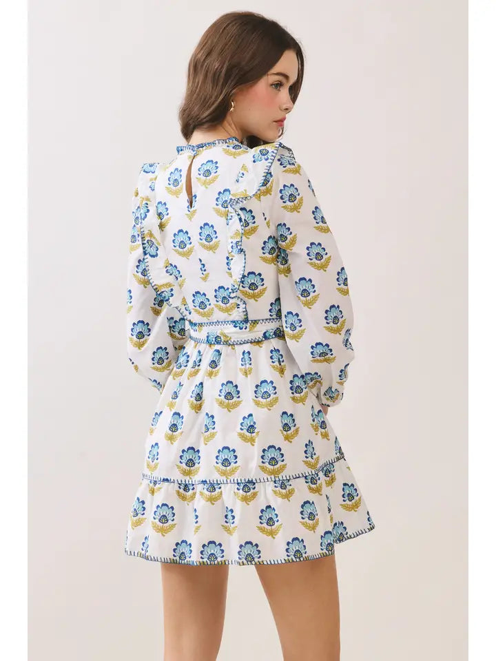 TCEC FLORAL PRINT RUFFLE MINI DRESS