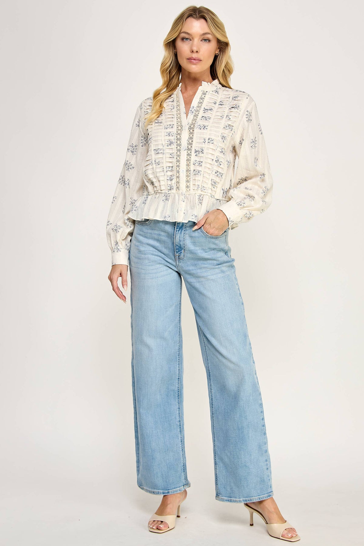 TT-10939-6 DITSY FLORAL LONG SLEEVE BLOUSE-IVORY BLUE