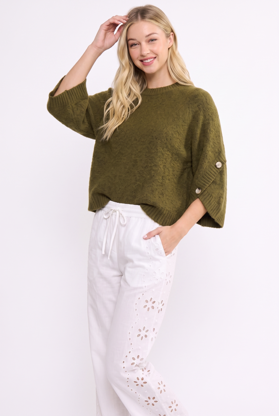 BUTTON SLEEVE KNIT PULLOVER
