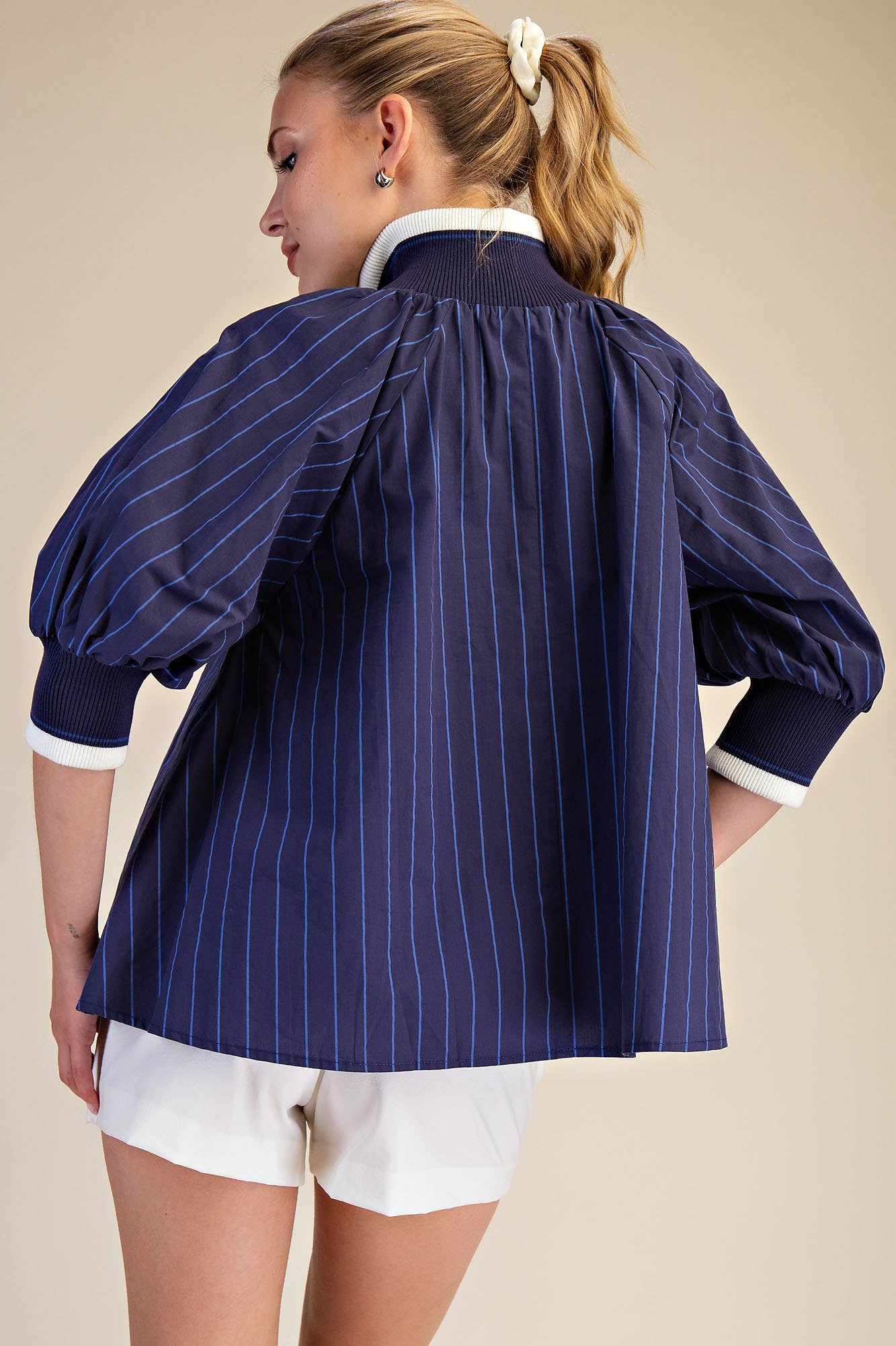 Mock Neck Band Puff Sleeve Blouse