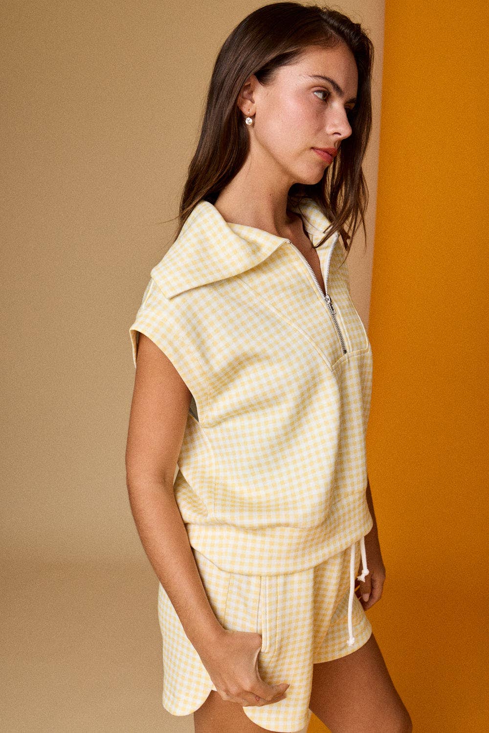 PX17846-3 - Gingham Zip Up Top Short Set