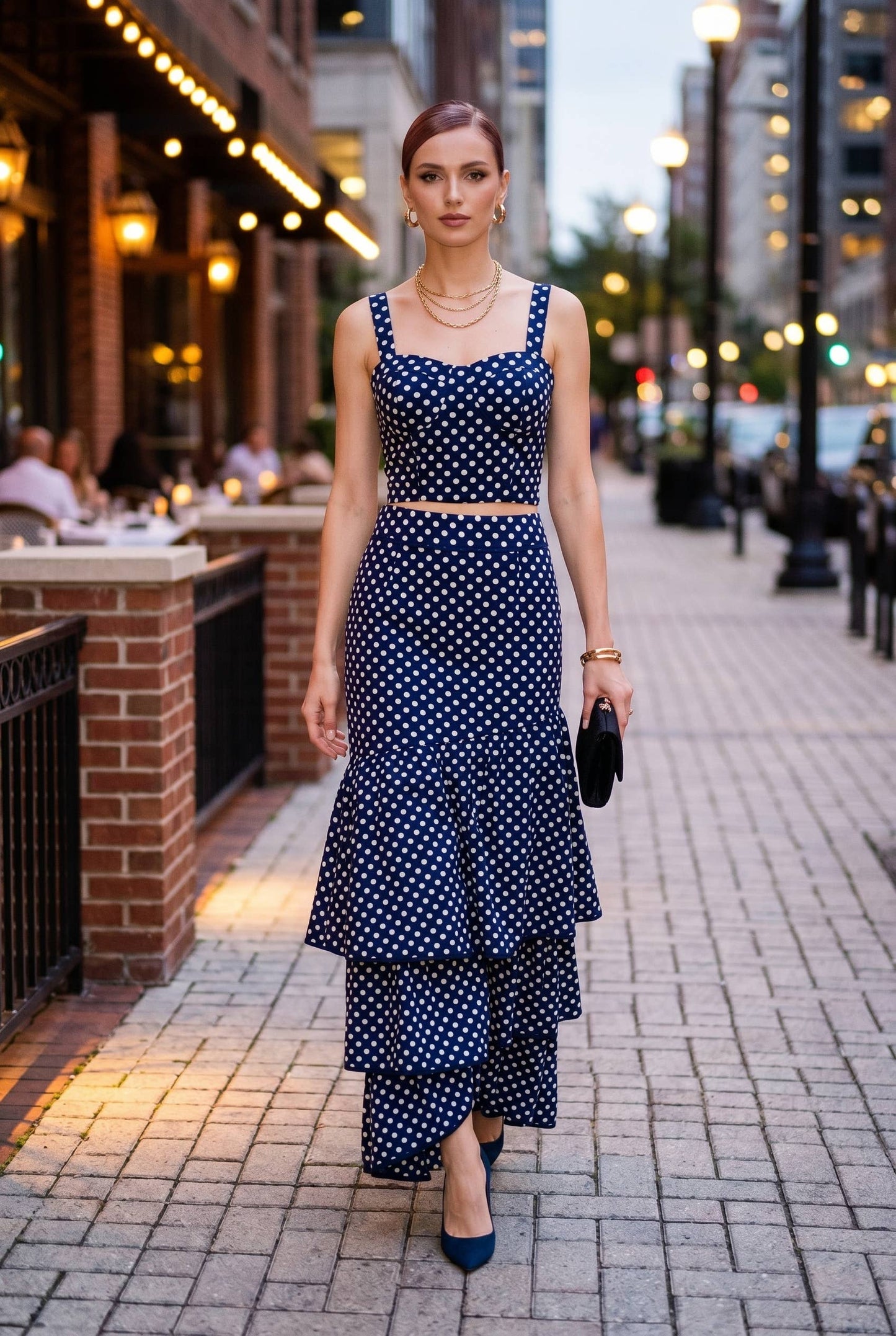 Dot Printed Crop Top & Tiered Maxi Skirt Set