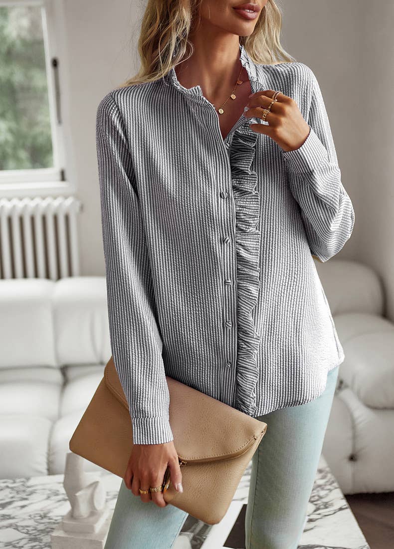 Ruffle Button Down Long Sleeve Shirt SZ25-TP32026